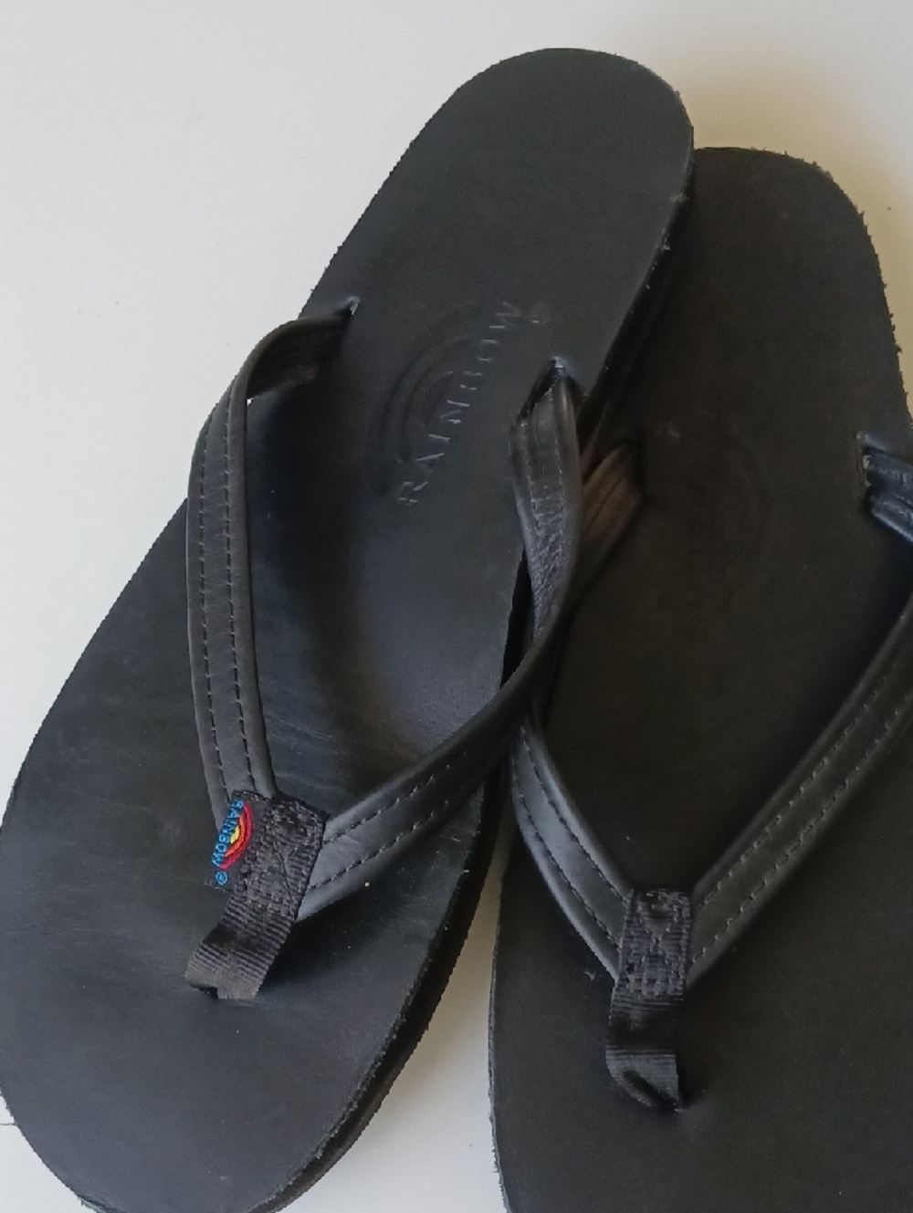 Rainbow Black Leather-Style Flip Flops with Small Rainbow Tag Size 8